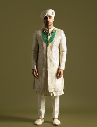 Beige threadwork sherwani set