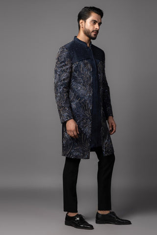 Navy blue dillusion embroidered with antique gray achkhan set