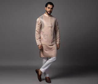 Pink kasuti butterfly nehru jacket with kurta and pajama