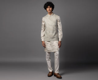 Gray kasuti cutwork floral nehru jacket with kurta and pajama