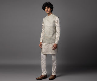 Gray kasuti cutwork floral nehru jacket with kurta and pajama