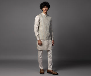 Gray kasuti cutwork floral nehru jacket with kurta and pajama