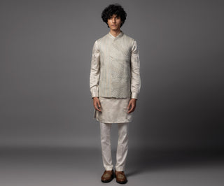 Gray kasuti cutwork floral nehru jacket with kurta and pajama