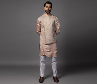 Pink kasuti geomteric butterfly nehru jacket with kurta and pajama