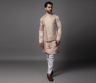 Pink kasuti geomteric butterfly nehru jacket with kurta and pajama