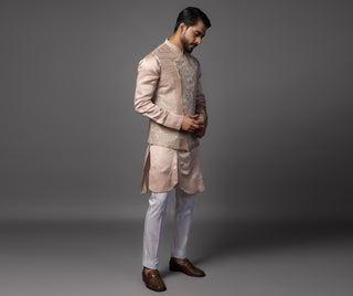 Pink kasuti geomteric butterfly nehru jacket with kurta and pajama