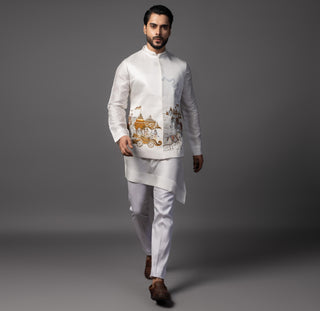 White arjun krishna nehru jacket with kurta and pajama