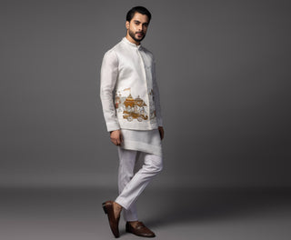 White arjun krishna nehru jacket with kurta and pajama