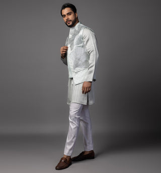 Blue petals nehru jacket with kurta and pajama