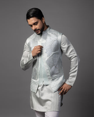 Blue petals nehru jacket with kurta and pajama