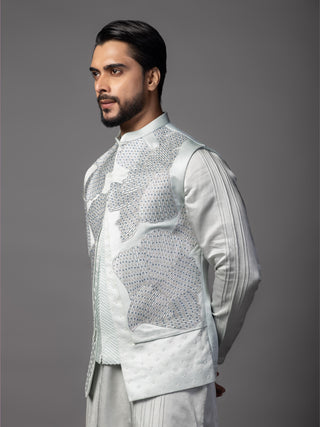 Blue petals nehru jacket with kurta and pajama