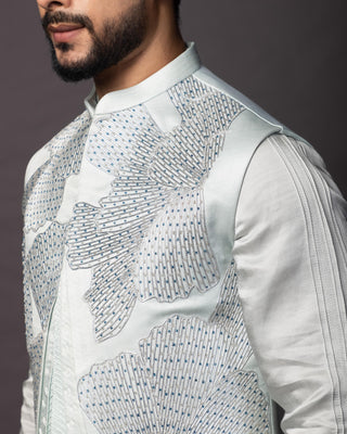 Blue petals nehru jacket with kurta and pajama