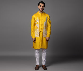 Yellow dahlia nehru jacket with kurta and pajama