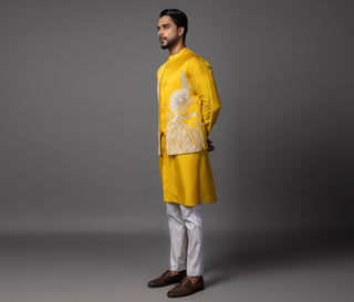 Yellow dahlia nehru jacket with kurta and pajama