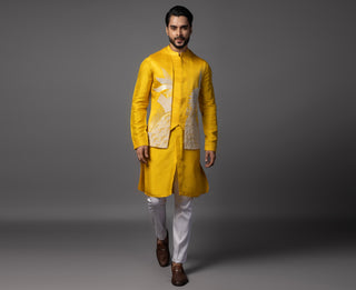 Yellow dahlia nehru jacket with kurta and pajama