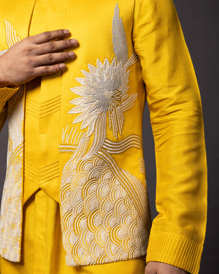 Yellow dahlia nehru jacket with kurta and pajama