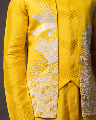 Yellow dahlia nehru jacket with kurta and pajama