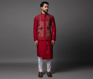 Red kasuti square nehru jacket with kurta and pajama