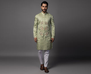 Green kasuti maple leaf nehru jacket with kurta and pajama