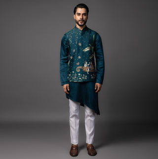 Blue shiv parvati milan nehru jacket with kurta and pajama