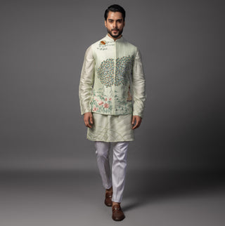 Green gautam buddha nehru jacket with kurta and pajama