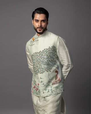 Green gautam buddha nehru jacket with kurta and pajama