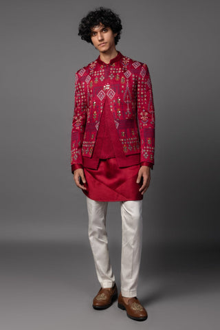 Red marwar-jacket with kurta and pajama