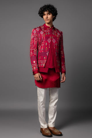 Red marwar-jacket with kurta and pajama