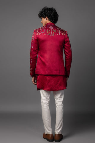 Red marwar-jacket with kurta and pajama