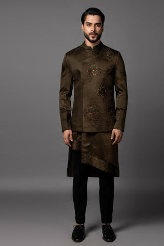 Green olive rose-jacket with kurta and pajama