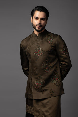 Green olive rose-jacket with kurta and pajama