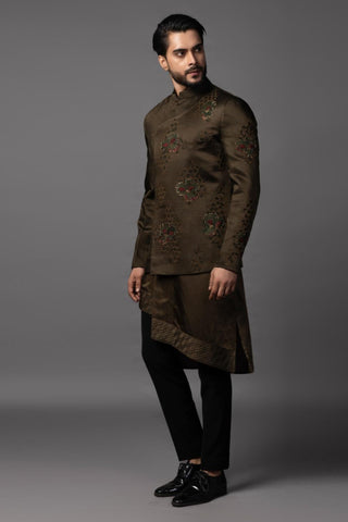 Green olive rose-jacket with kurta and pajama