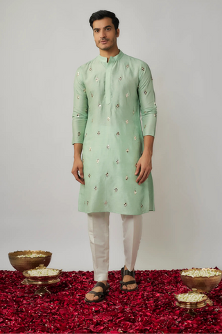 Mint dupion kurta with mirror embroidered buttis with ivory pants