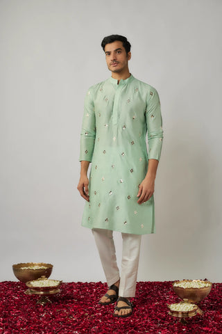 Mint dupion kurta with mirror embroidered buttis with ivory pants