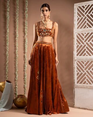 Rust orange velvet indo lehenga set