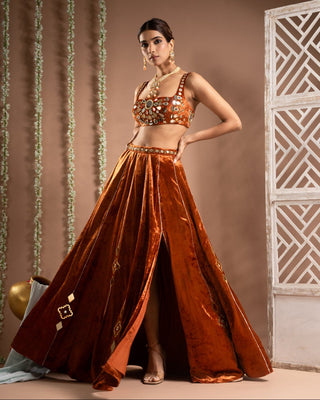 Rust orange velvet indo lehenga set