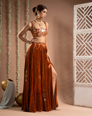 Rust orange velvet indo lehenga set