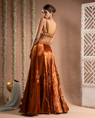 Rust orange velvet indo lehenga set