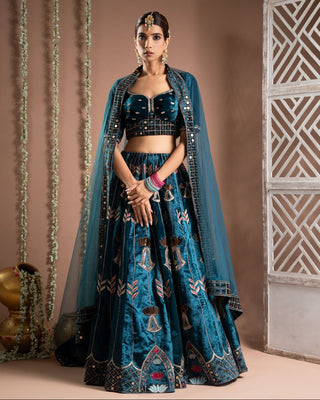 Teal blue heavy velvet lehenga set