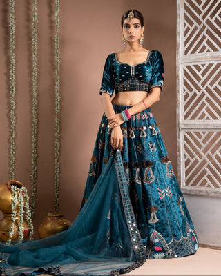 Teal blue heavy velvet lehenga set