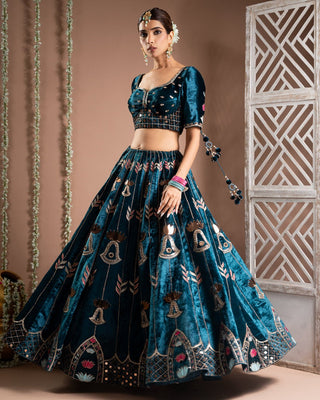 Teal blue heavy velvet lehenga set