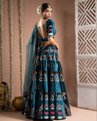 Teal blue heavy velvet lehenga set