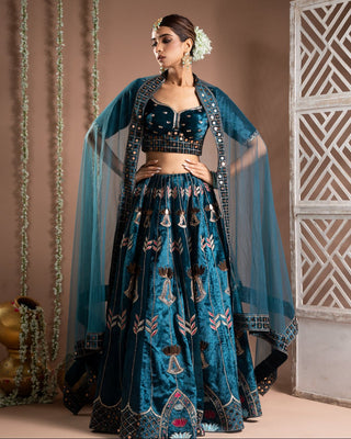 Teal blue heavy velvet lehenga set