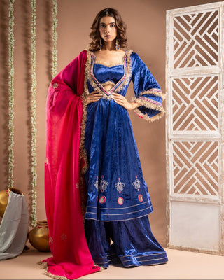 Royal blue velvet anarkali suit set