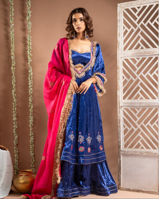 Royal blue velvet anarkali suit set