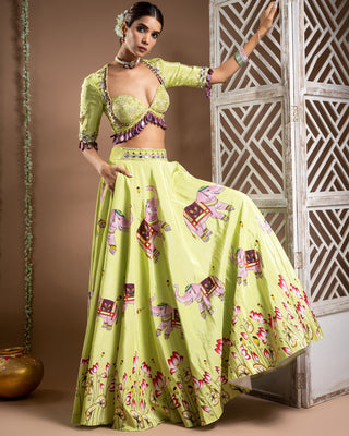 Elephant print green heavy lehenga set