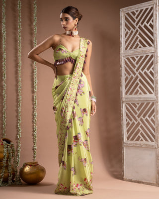 Elephant print green pre-drape saree set