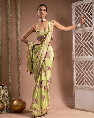 Elephant print green pre-drape saree set