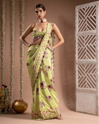 Elephant print green pre-drape saree set