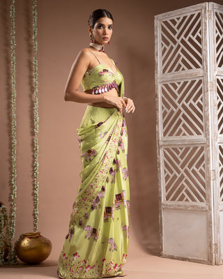 Elephant print green pre-drape saree set